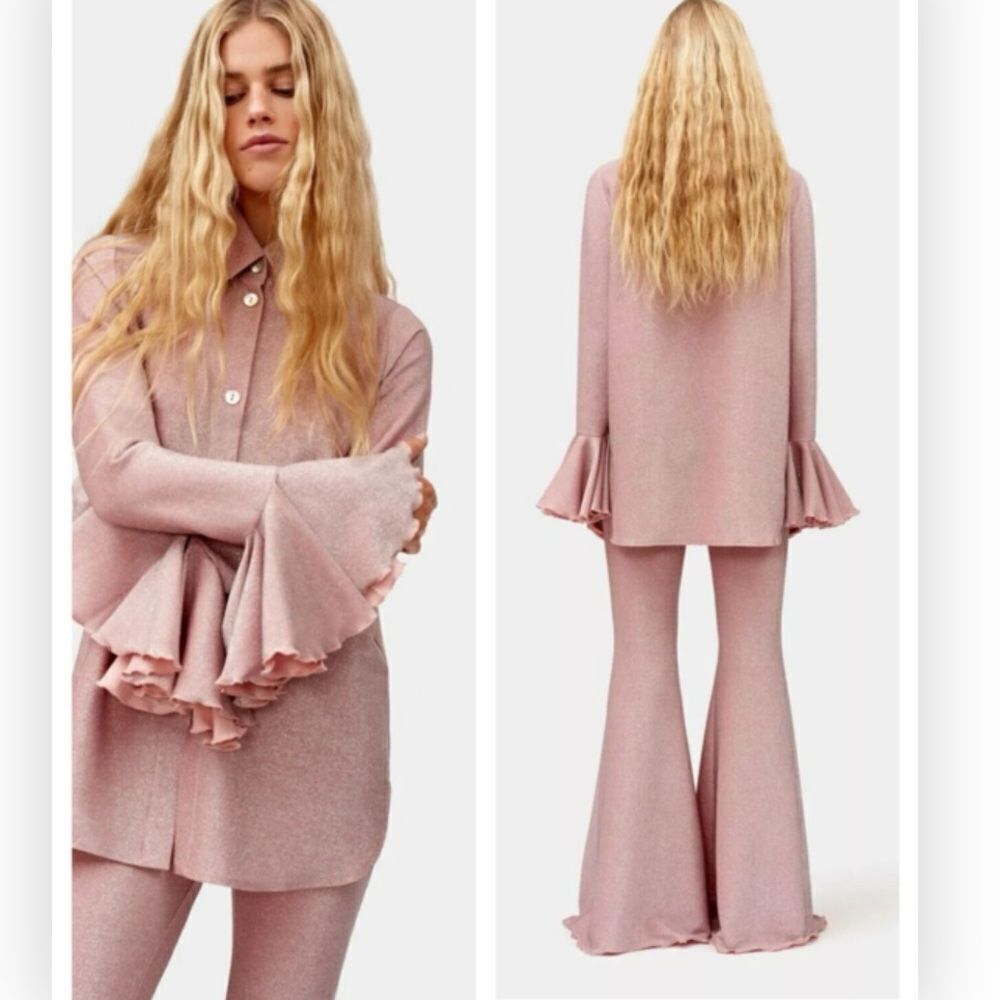 Sleeper Cosmos Lounge Suit M Top and S Pants Flared Pink Glitter Shimmer $350